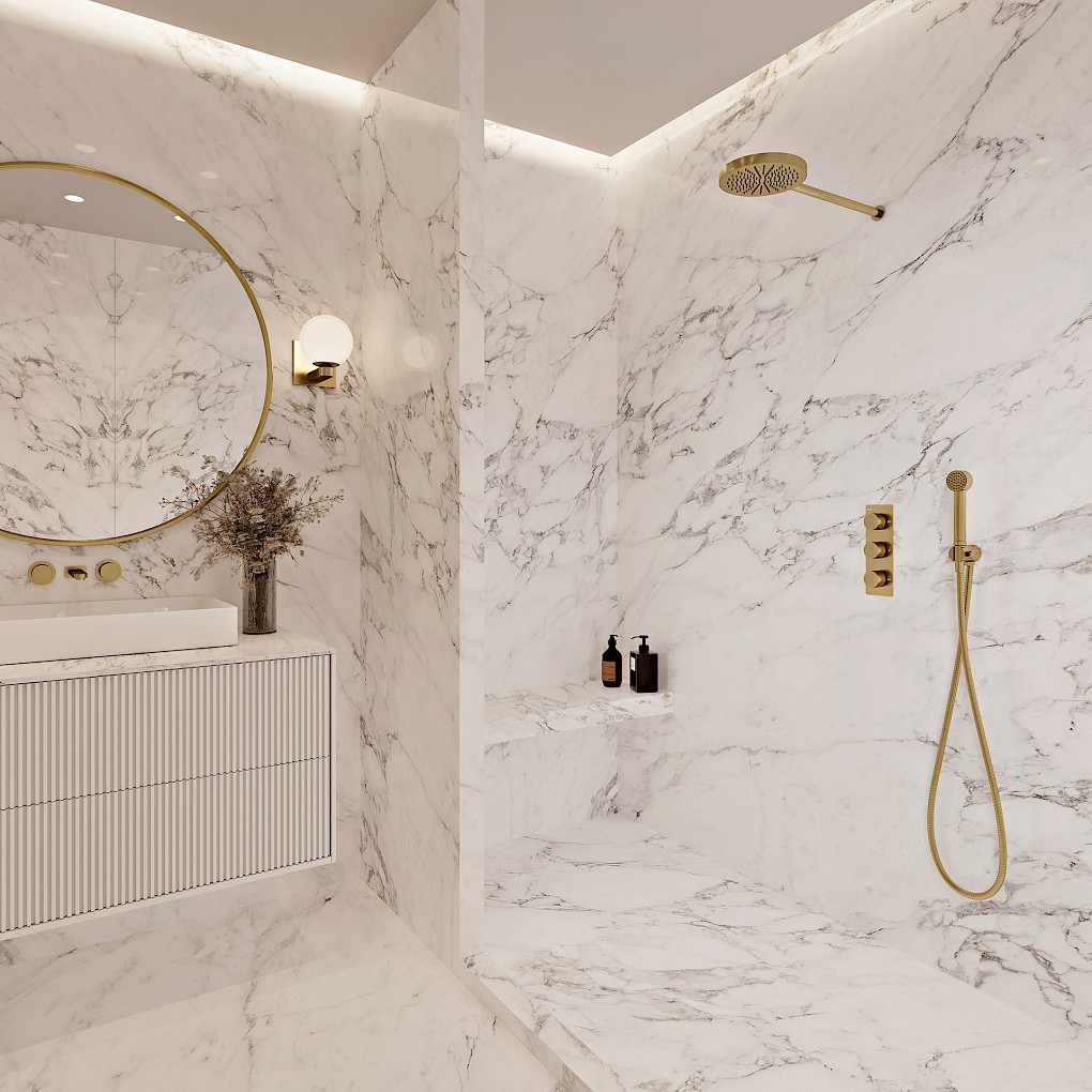 - KOS.200.WMR Overhead Shower, KHS.050.WMR Shower Handset with Mount and Hose, KV3R Valve, KBN.V2H.WMR Basin Mixer