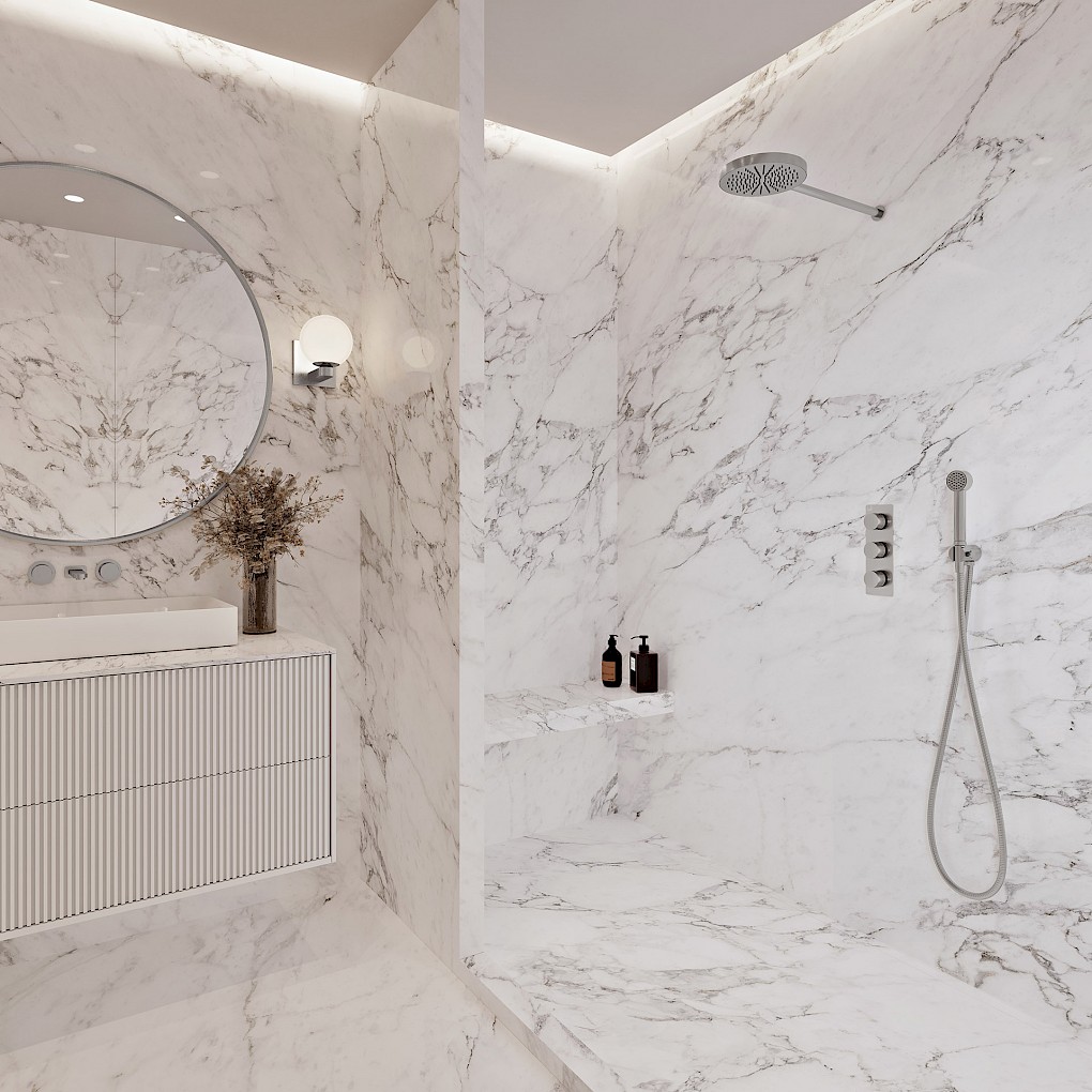 - KOS.200.WMR Overhead Shower, KHS.050.WMR Shower Handset with Mount and Hose, KBJ.050.WMR Body Jets (x4), KV3R Valve, KBN.V2H.WMR Basin Mixer